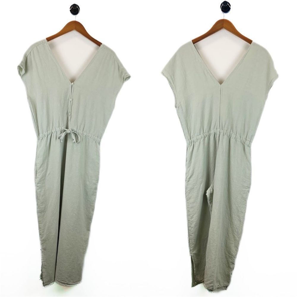 Cloth & Stone 100% Linen Green Cropped Jumpsuit Boho Modern Lagenlook Coastal